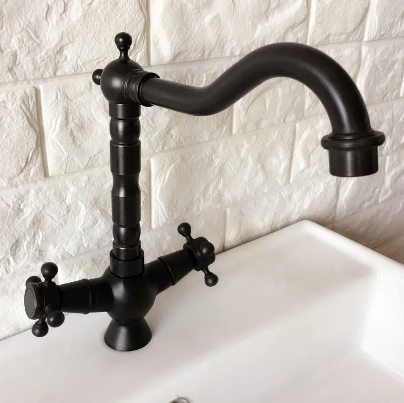 Black Oil Rubbed Brass Dual Cross Handles One Hole Bathroom Kitchen Basin Sink Faucet Mixer Tap Swivel Spout Deck Mounted mnf363