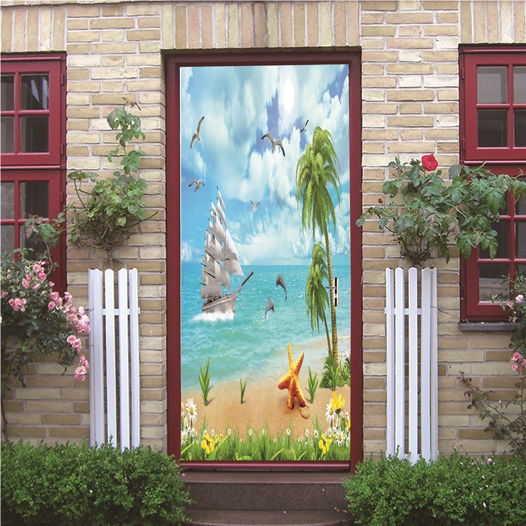 3D Photo Door Murals Sea Side Scenery Wall Sticker Mural Removable Self-Adhesive Fridge Decor Decal 77x200cm
