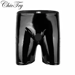 Модные мужские Дамское белье Черные Блестящие лакированная кожа Открыть пенис отверстие длинные ноги боксер короткие трусики для женщи