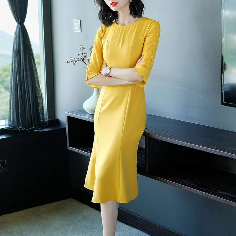 

Fall Spring Fashion Elegant Woman Buttons Slim Yellow Trumpet Dress , 2018 New Female Women 3/4 Sleeve Autumn Mermaid Dresses