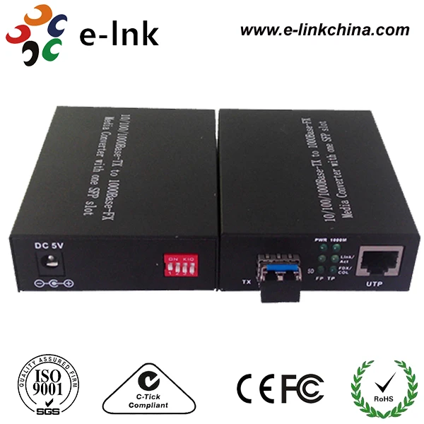 

10/100/1000Base-T to 1000Base-X SFP Media Converter with DIP switch with SFP transceiver installed inside, SM, 20KM