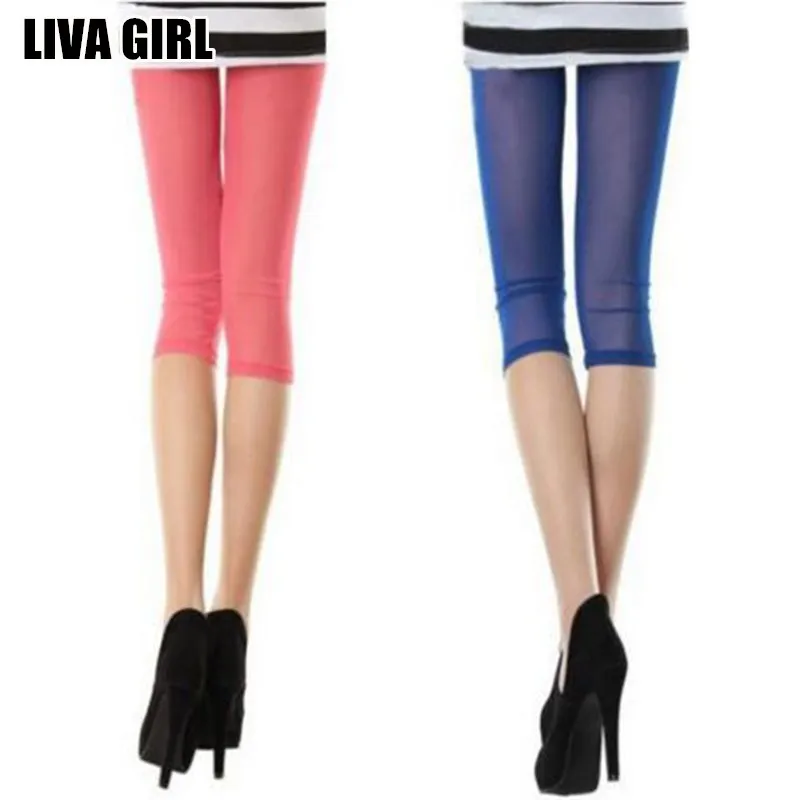 

Liva Girl Hot Selling Fresh Stylish Women's Elastic Mesh Leggings Thin Short Mid-Calf Leggings Candy Color Half Pants Female