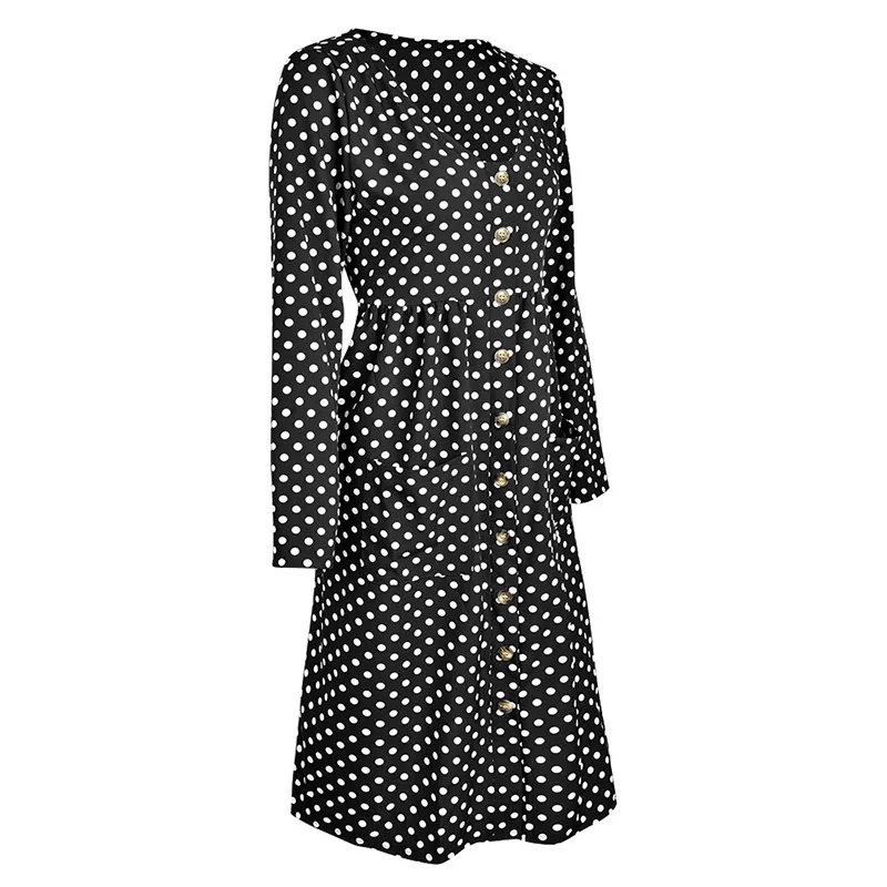 Qunndy Sexy Polka Dots A Line Dress Women 2018 Autumn Polyester V Neck Knee Length Buttons Pockets Midi Dresses Beach Vestidos (4)