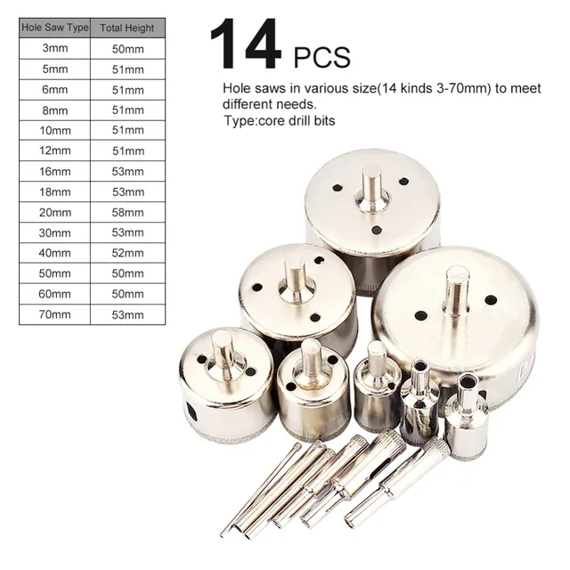 14Pcs/Set 3mm to 70mm Diamond Glass Cutter Coated Hole Saw Drill Bit Tools for Glass Marble Tile Wood Tiling Tool