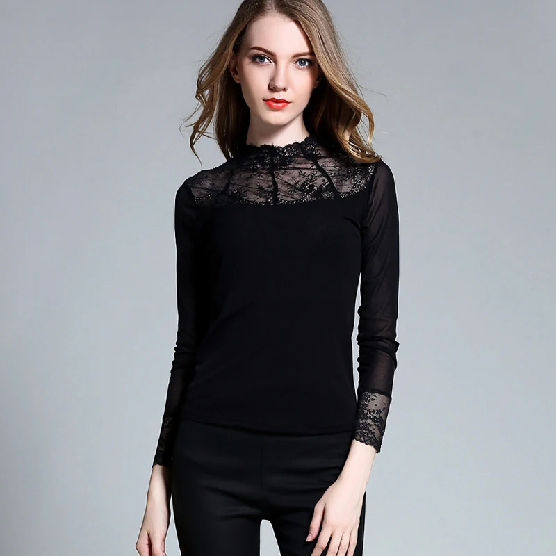 2017 New winter lace stitching tops T shirt Long sleeve elasticity base ...