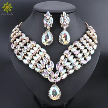 

Indian Jewellery Sets AB Color Crystal Bridal Jewelry Sets Rhinestone Party Wedding Costume Necklace Earrings Sets for Brides