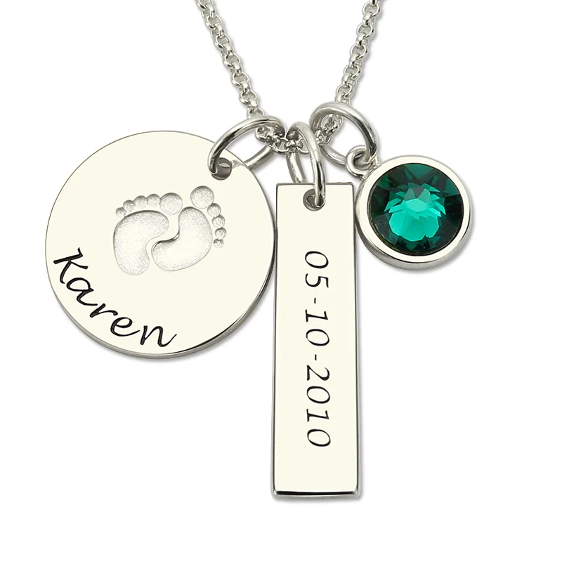 Silver Baby Feet&Birthstone Necklace Personalized Name and