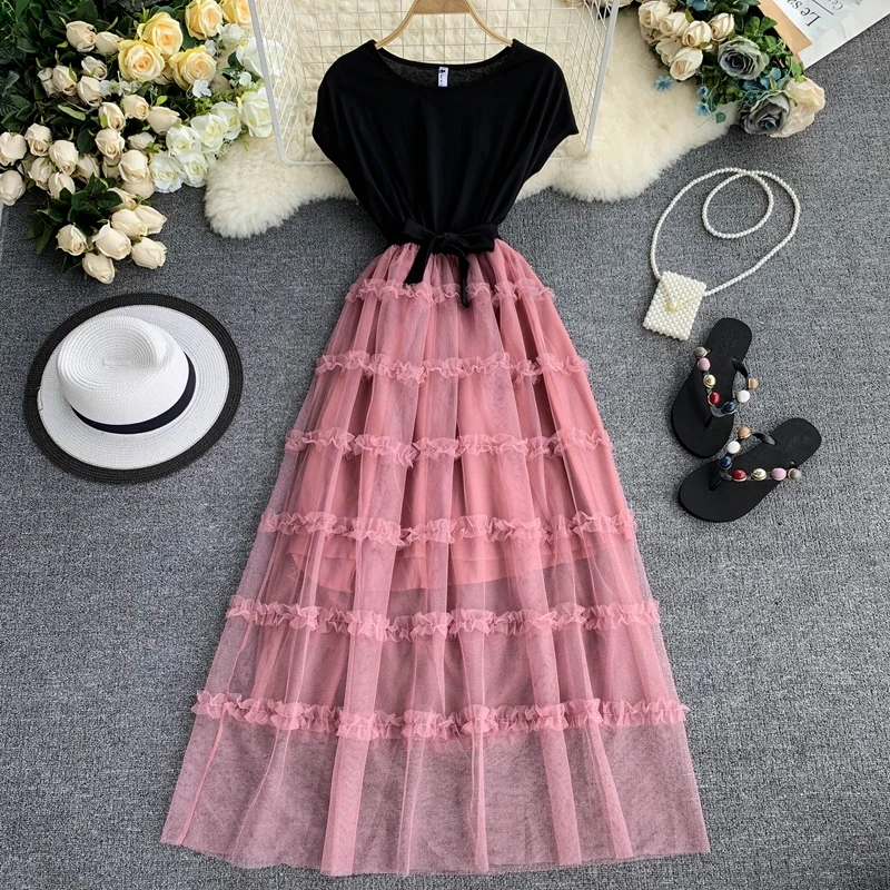 

Spring and Summer 2019 New Korean Simple Splicing Round Collar Short Sleeve Fold Lace Pure Color Gauze Dress Women Vestidos F796