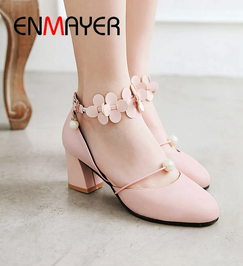 

ENMAYER 2019 New Arrival Basic High Heel Flower Pearl Pumps Women Round Toe Casual Buckle Strap Women Shoes Size 34-43 LY1666