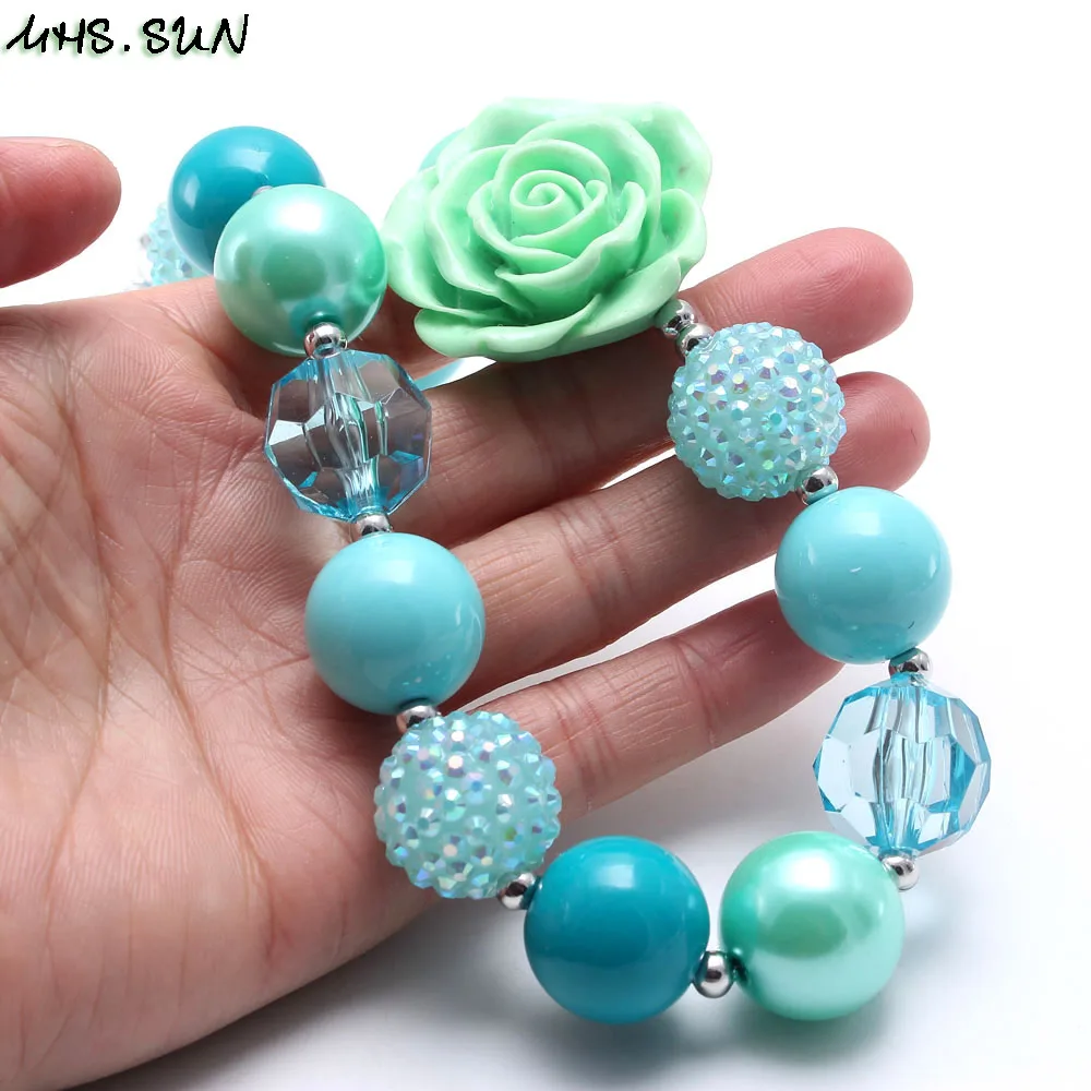 BN629 (8) Kids Girls Rose Flower Light Blue Chunky Beads Necklace Fashion Child Baby Beads Necklace Chunky Bubblegum Jewelry 1Pcs