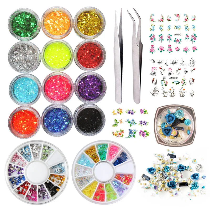 

Bittb 12 Colors Nail Glitter 3D Nail Art Design Nail Rhinestones DIY Set Gems Beads Tweezers Manicure Kits Nail Decal Stickers