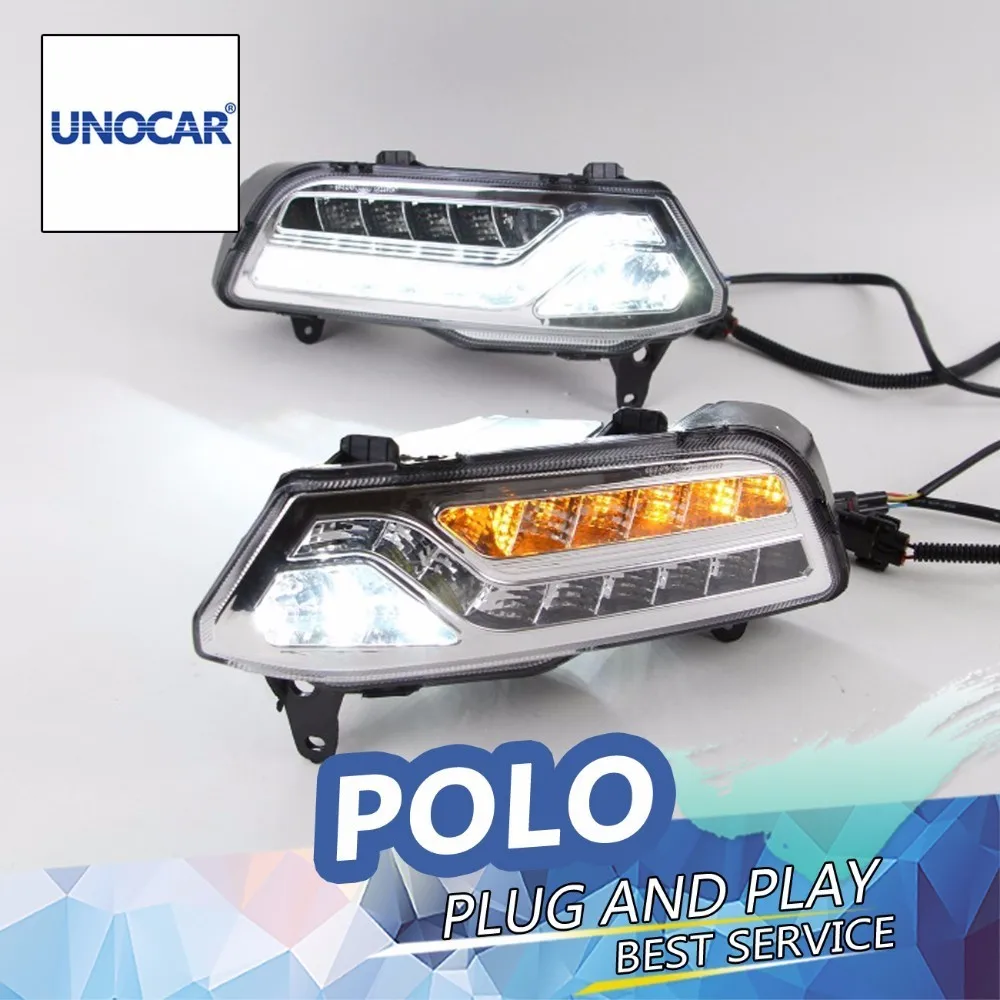 

Car Styling Daytime Running Lights for Volkswagen Polo LED DRL 15 Volkswagen Polo Fog Light Front Lamp with Yellow turn lights.