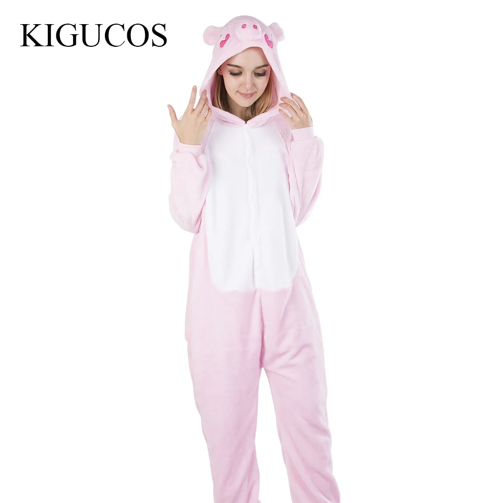 

KIGUCOS One Piece Pig Animal Pajamas Women Winter Pink Costumes Black Men Sleepwear Cartoon Pijama