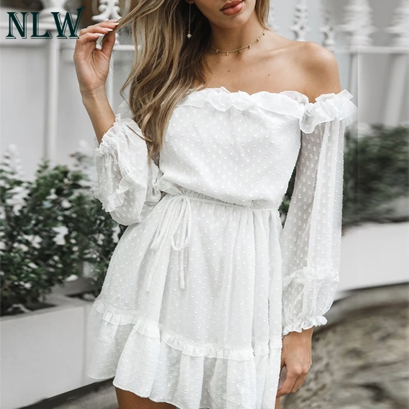 NLW Сексуальная плеча с длинным рукавом Сетчатое платье Пляж Boho элегантные