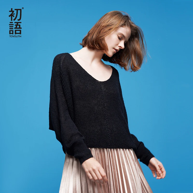 Toyouth Autumn Thin Hollow V-neck Sweaters Long Sleeve Sexy Loose Fashion Women Sweater Female Plus Size Tops Oversized Pullover Sweaters