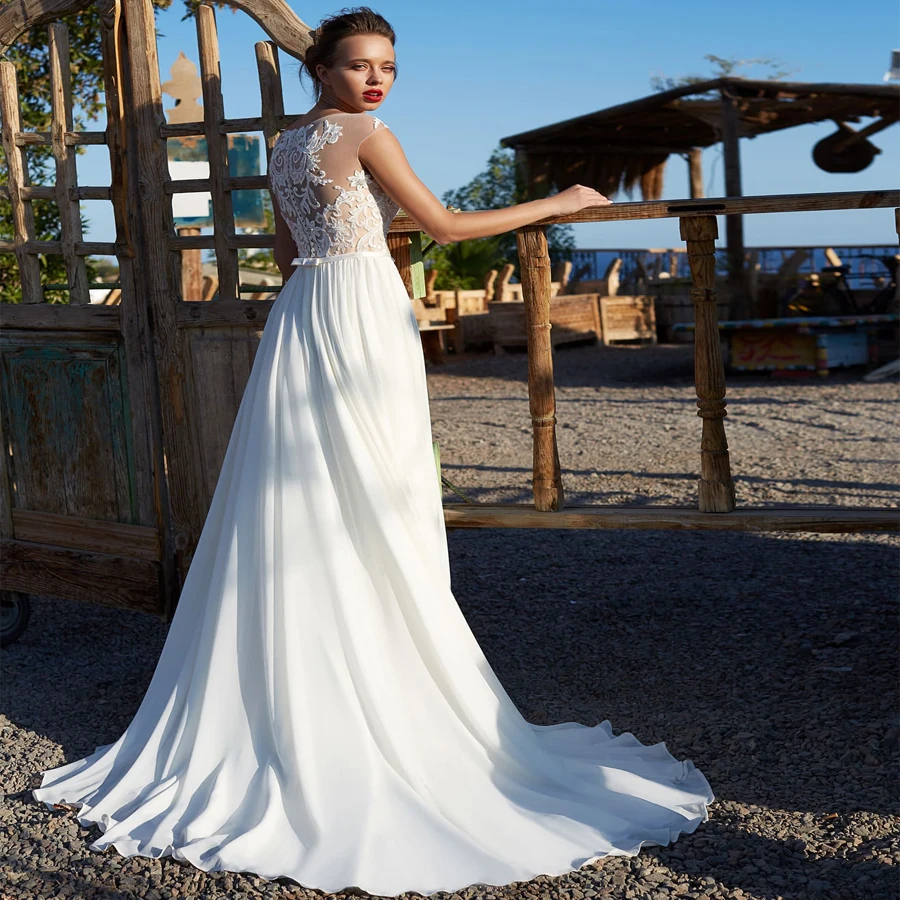 ADLN шифоновое пляжное Бохо свадебное платье с коротким рукавом Аппликация свадебное платье на молнии сзади с пуговицами Vestido De Novia