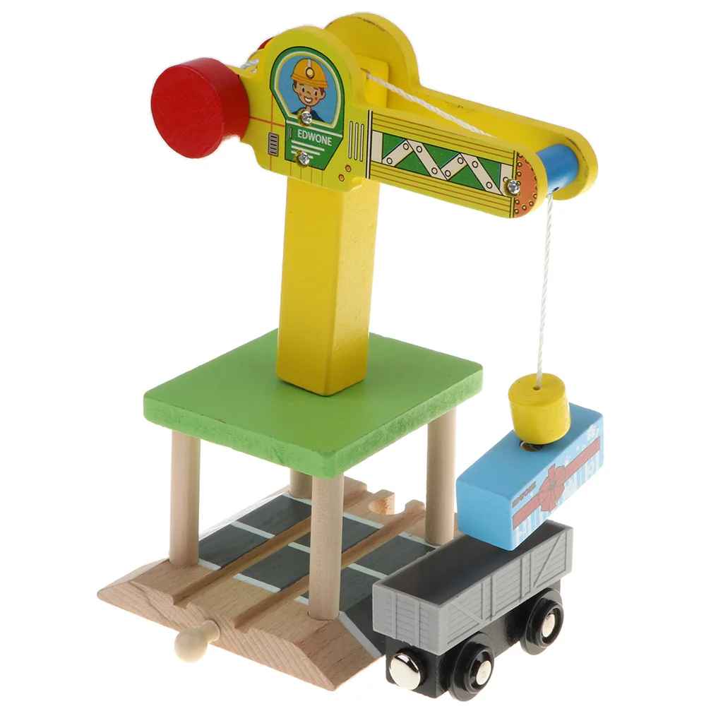  Preschool Wooden Toy Trains Set Building Blocks Construction kits Play Activity, Fine Motor Skills - Track Crane & Freight Car