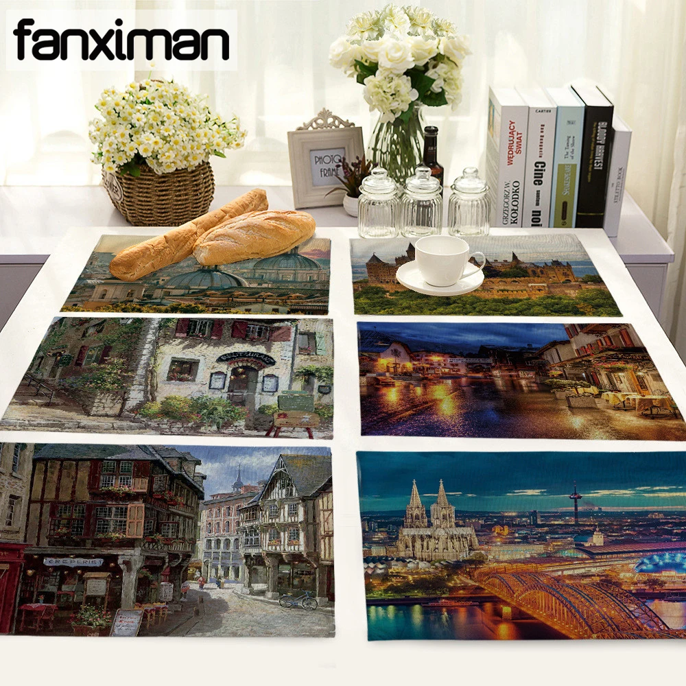 

Landscape Famous Buliding Pattern Linen Placemat Home Decorative Table Mat Kitchen Dining Accessories Cup Coasters