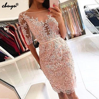 

Beautiful Short Sleeves Lace Appliques Short Evening Dresses 2019 Half Sleeve Party Dresses Zipper Up Back robe de soiree