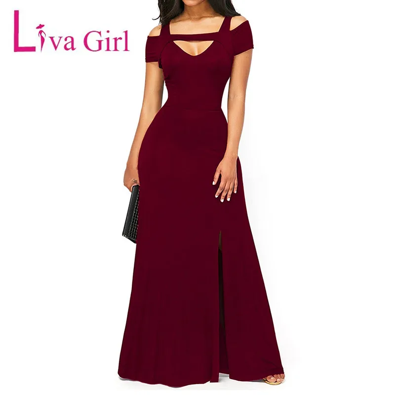 

Liva Girl Elegant Spaghtti Strap Party Maxi Dress Women Cold Shoulder V Neck Front Slit Long Dresses Female Sexy Short Sleeve