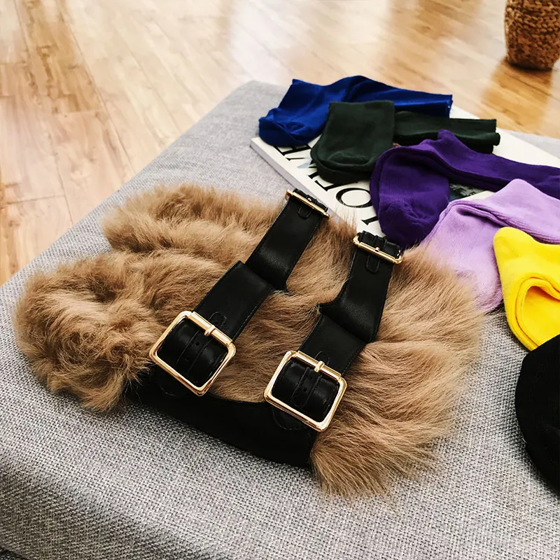

Brand Warm Fur Winter Women Slipper Metal Belt Buckle Design Open Toe Women Slides Chic Women Flats Zapatos Mujer Cozy Star Shoe