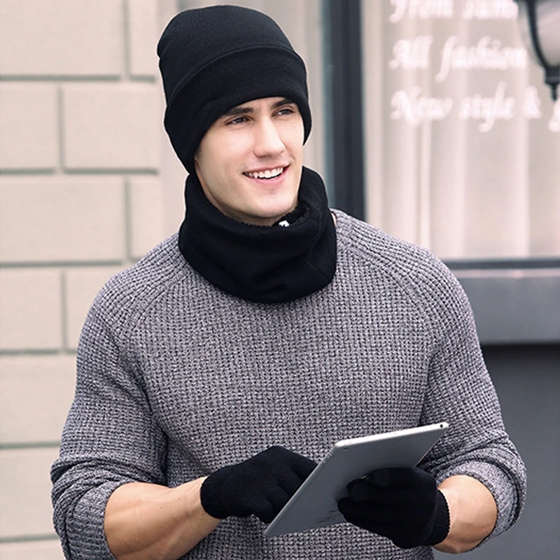 Зимняя теплая шапочка, шапка + шарф + перчатки с сенсорным экраном, Теплая Зимняя Вязаная Шапка-бини для мужчин и женщин B