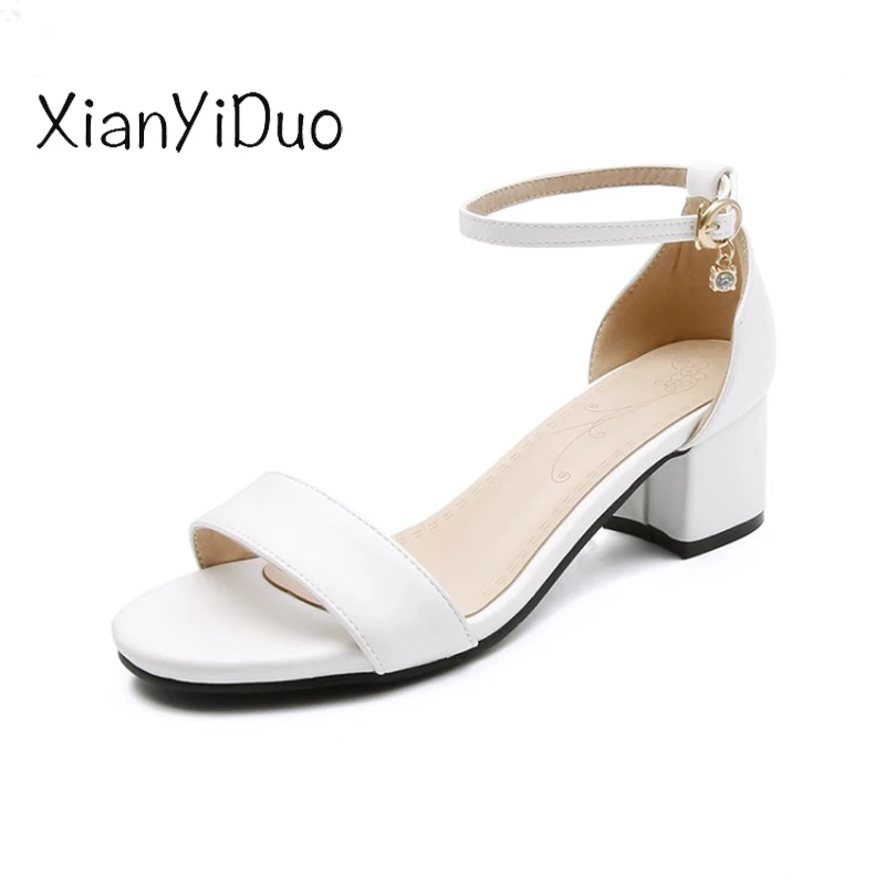 

xianyiduo2019 summer Womens Shoes mid heels Cover Heel Block buckle Buckle Strap crystal sandals rome big size 34-47 Beige/H510