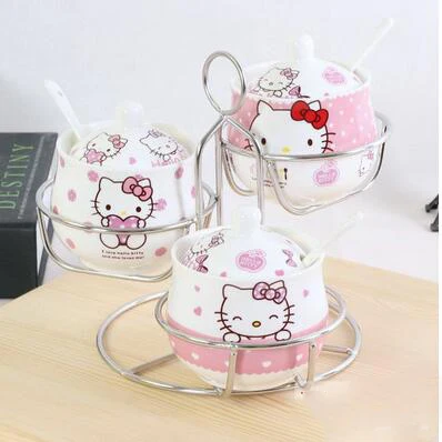 

Ceramic Hello Kitty Doraemon Sugar Bowl Home Kitchen 3 In 1 Set Salt Condiment Pot Jars With 3 Spoons
