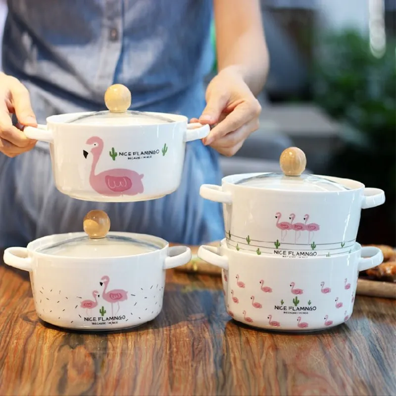 

Ceramic Bowl Pink Flamingo Ceramic Instant Noodle Bowl with Lid Ears Home Dormitory Microwave Oven Creative Soup Bowl Salad Bowl