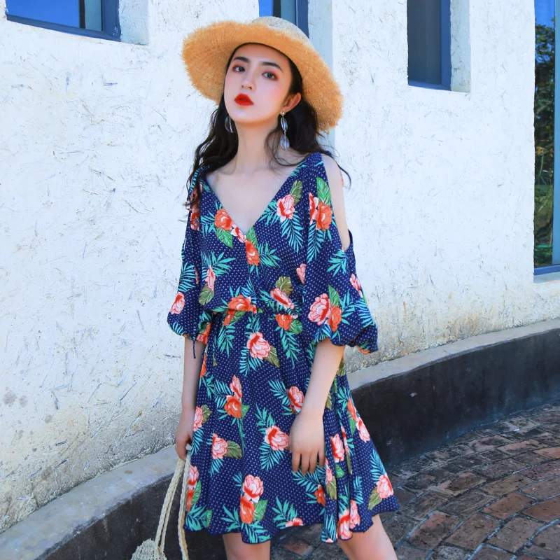 

Women Summer Blue Floral Print Boho Short Beach Dress Tropical Vacation Sea Mini Sundress Female Vintage Runway Korean Dress New