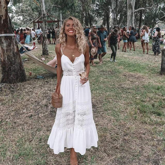 2018 moda mujer ropa verano encaje vestido mujer hacia fuera Maxi vestido blanco Casual