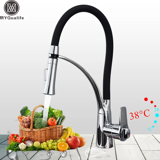 Special Offers Thermostatic Kitchen Faucet Pull Down Sprayer 360 Rotation Bathroom Kitchen Mixer Brass Black Rubber Hot and Cold Faucets 