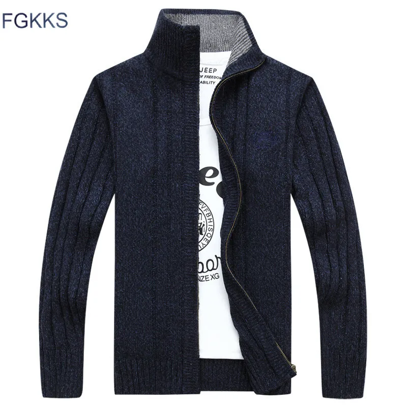 

FGKKS 2018 New Winter Men's Cardigans Sweaters Men's Casual Sweaters Warm Zipper Men Cardigan Stand Collar Knitted Sweaters