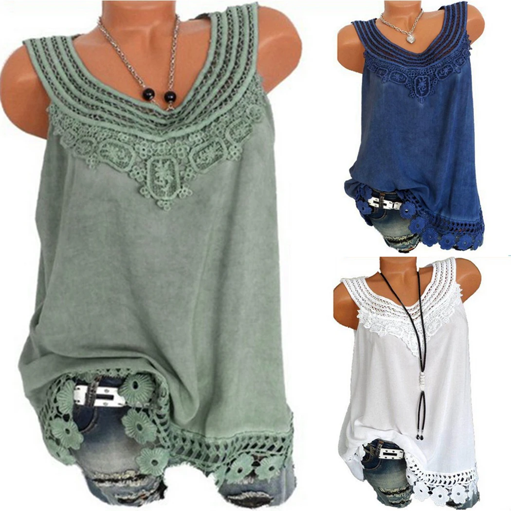 

New Plus Size Sleeveless Blouse Lace Tops Women Shirt Patchwork Tunic Ladies Summer Hollow Out Crochet Blusas Feminina Vintage