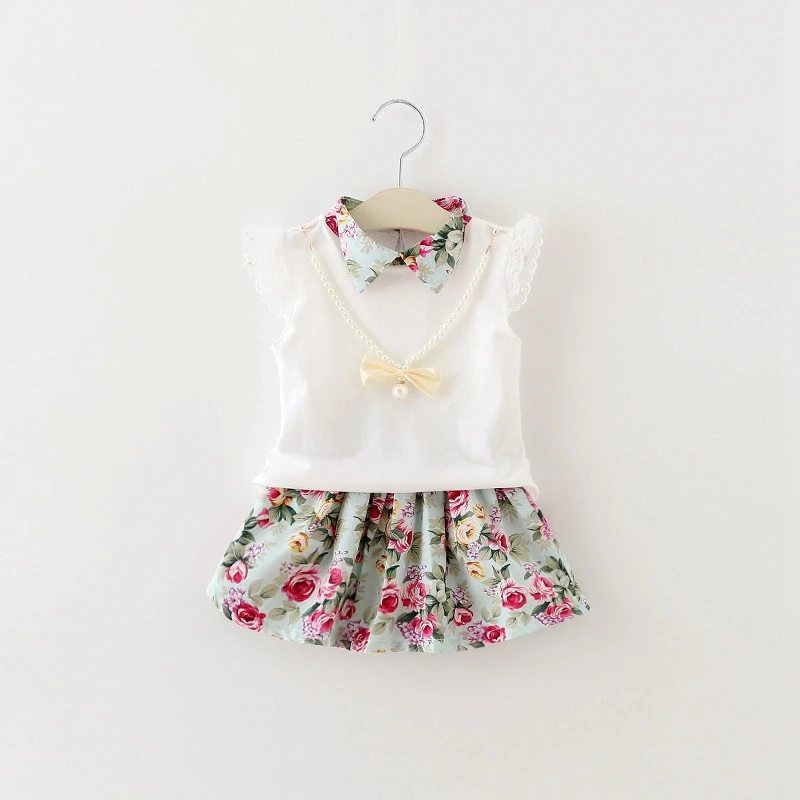 

Baby Girls Summer Short Sleeve Lapel Collar T-shirts + Floral Print Skirts Clothing Sets Kids Two Pieces Suits roupas de bebe