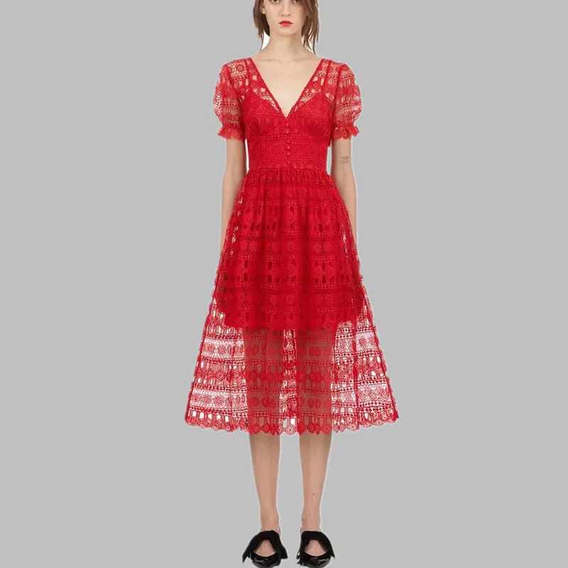

2019 New arrive Self Portrait red long dress Women Hollow Out Sexy V-neck Summer Runway Dresses