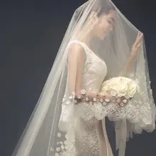 1,5/2/3 м один-Слои Для женщин фатиновое платье с длинным шлейфом для маленьких свадебная фата широкий цветочной вышивкой кружевной отделкой Ткань лепестки Романтическая свадебная фата