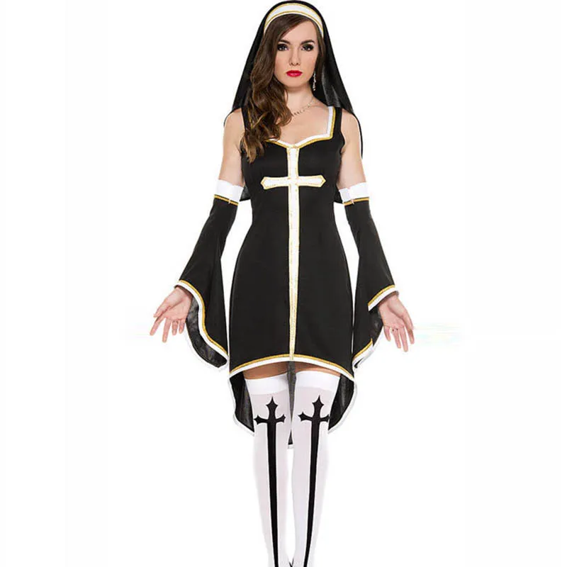 Новейший сексуальный костюм монахини для взрослых женщин платье для косплея с черным капюшоном на Хэллоуин маскарадный костюм Сестра Косплей Одежда для вечеринки