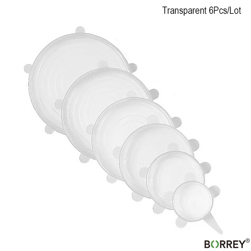 Borrey 6 шт./компл. крышки растягивающиеся из силикона чехол Еда свежие многоразовая печать чаши Крышка Универсальная крышка гибкий сохранение продуктов питания крышка - Цвет: Transparent(6Pcs)