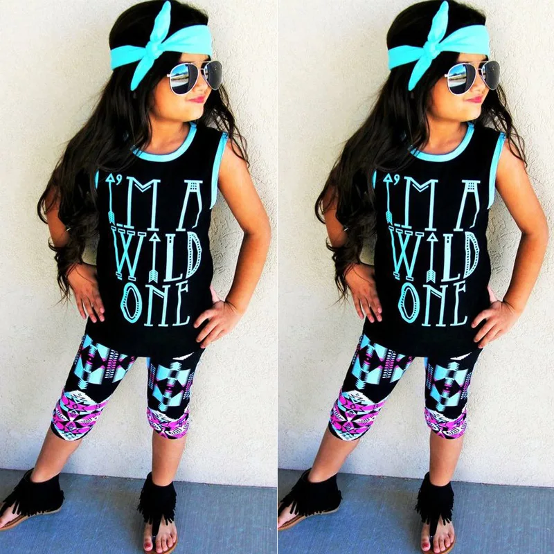 

kids clothes summer 2017 girls clothing sets girl clothes black (T-shirt + pants+ headband) children 1~ 5 years