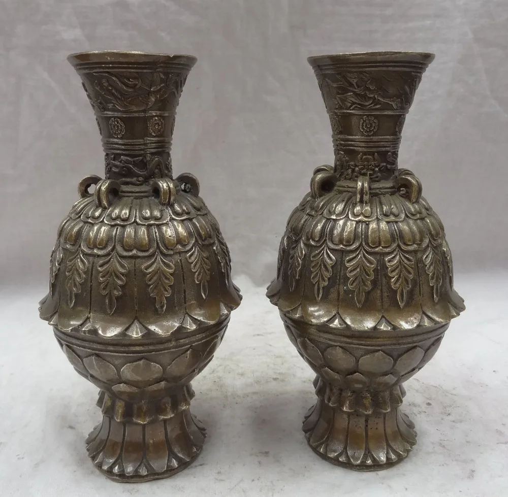 

bi002480 Chinese Bronze Copper Buddhist Fly Faery Belle Lotus Statue Twin Pot Vase Pair