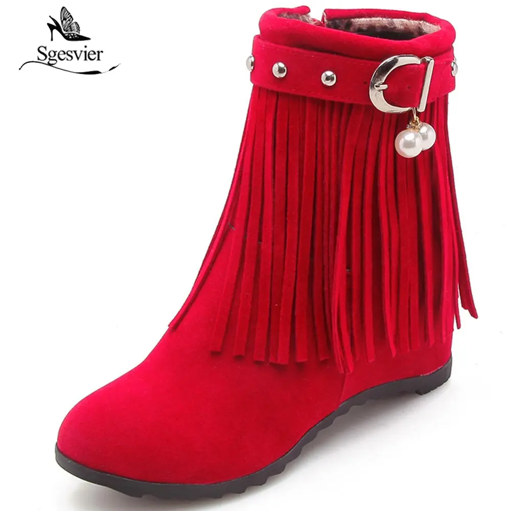 

Sgesvier 2018 Large Size 33-43 Black Yellow Red Tassels Women Shoes Woman Vintage Fringe Wedge High Heels Ankle Boots OX814