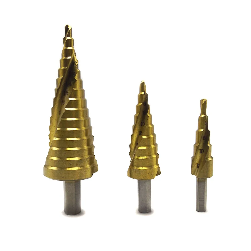 3Pcs HSS Spiral Grooved Step Cone Drills Bit 4mm 12mm/20mm/32mm Hole