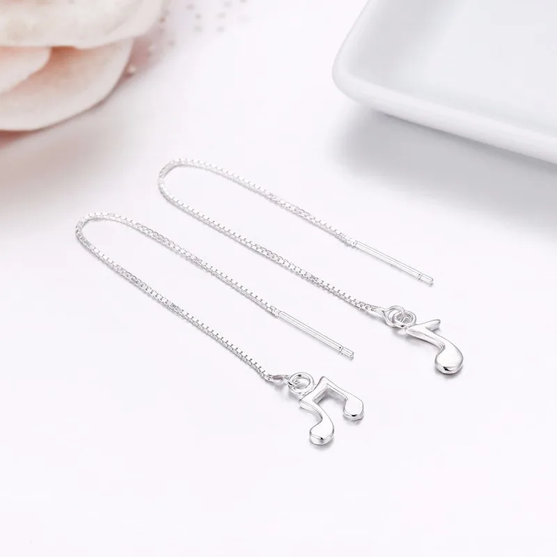 

Cute Pure Real 925 Sterling Silver Box Chains Notes Drop Long Earrings For Women Girls Jewelry Orecchini Aros Aretes Oorbellen