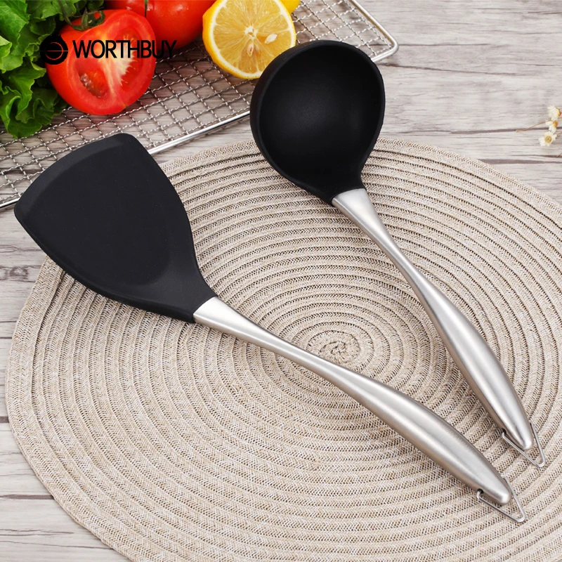 

WORTHBUY Silicone Turner Soup Ladle Non-Stick Kitchen Utensils With 304 Stainless Steel Handle Kitchen Cooking Tool Kitchenware