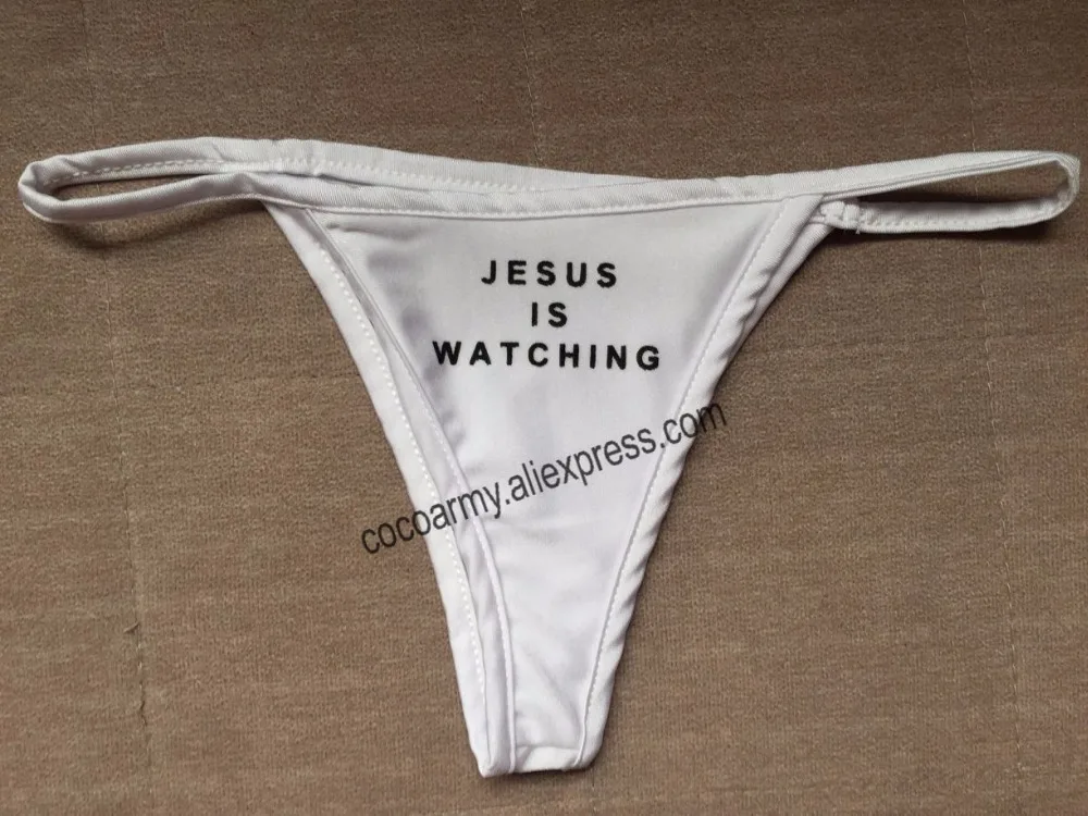 Киска напечатанная JESUS IS WATCHING V-string Thong Brief, нижнее белье Танга женские трусики coton женские бесшовные трусики