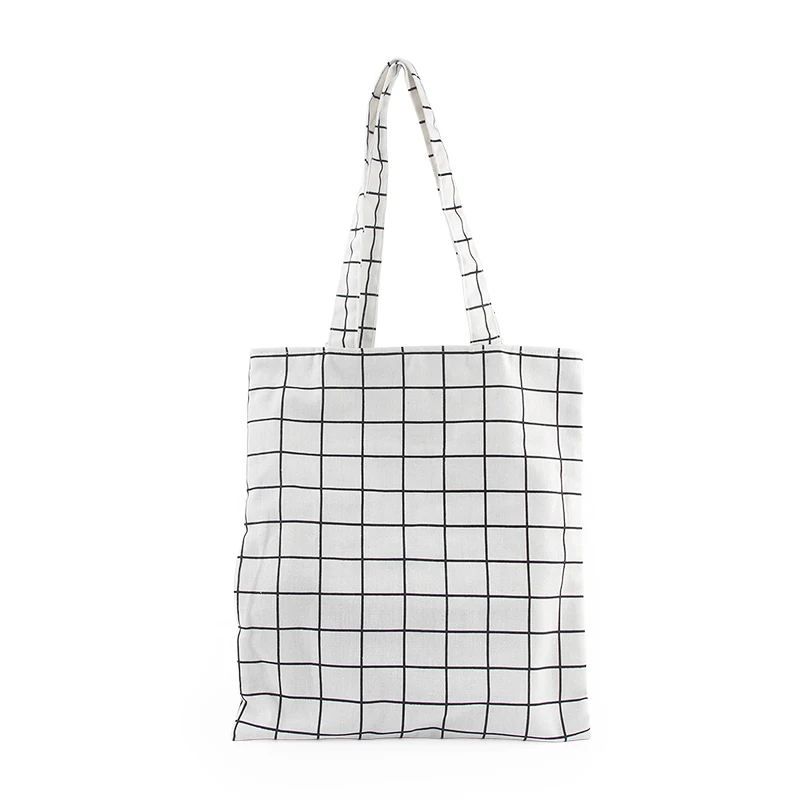Холщовая Сумка-тоут, Повседневная пляжная сумка, для повседневного использования, Эко сумка для покупок, складная клетчатая сумка на плечо для женщин - Цвет: Белый