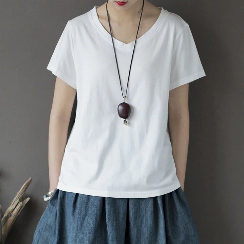 

Women Cotton Loose Solid Color V neck Tee Tops Ladies Vintage Short Sleeve Summer T-Shirts Female simple Tees Shirt