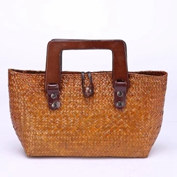 

JHD-Thai Version Of The Hand-Woven Bread Straw Bag Woven Bag Wooden Handle Retro Ladies Handbag Beach Bag
