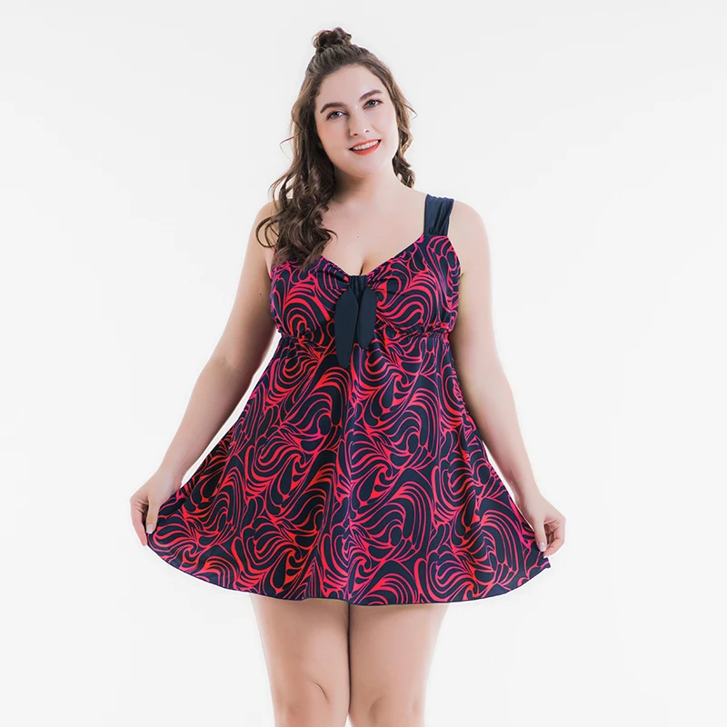 

2018 Large Size Swimwear Bowknot V-neck Two Piece Swimsuit Female Skirt Plus Size Padded Maio Bathers Bathing Suit Women